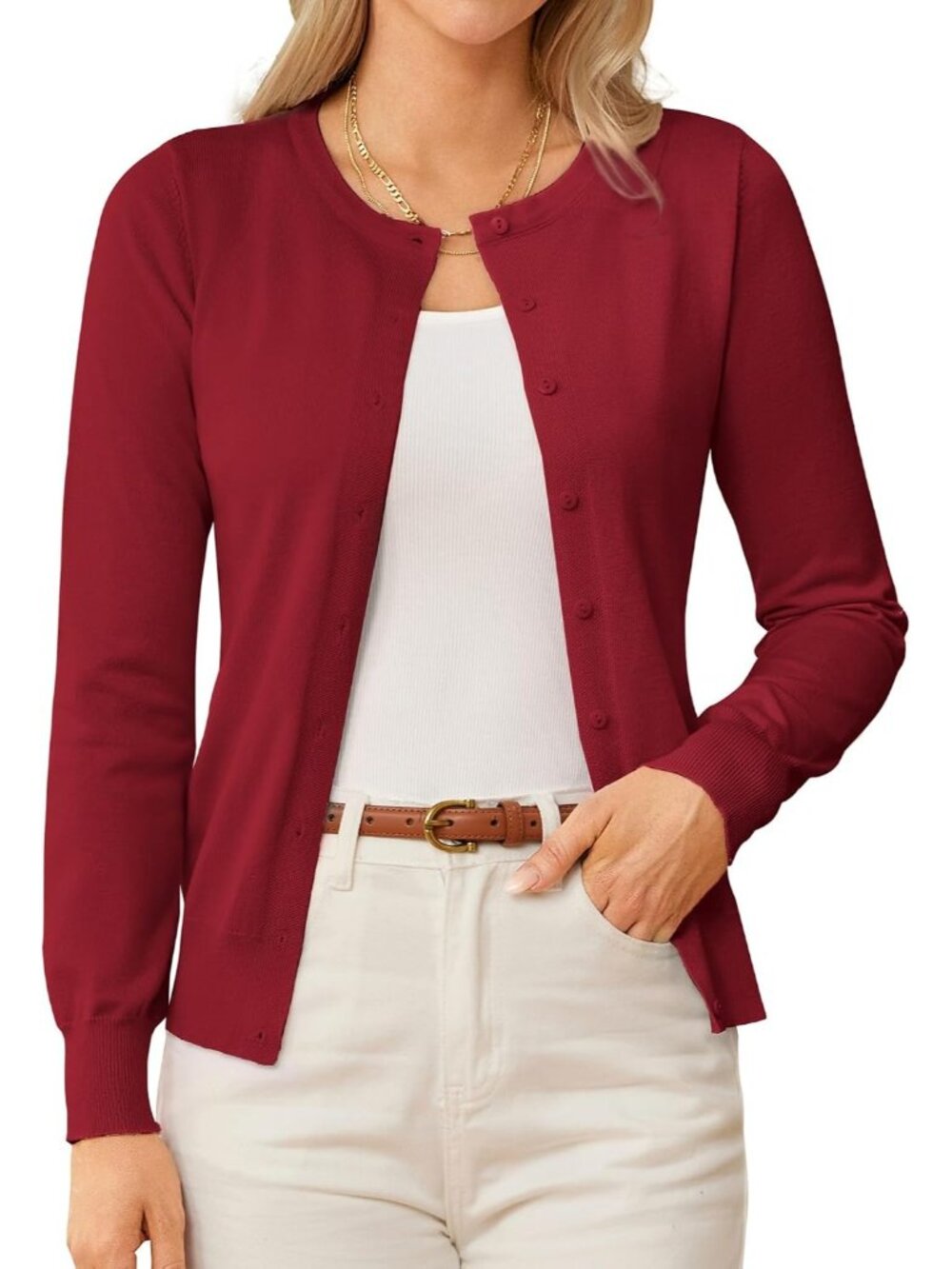 🆕Women's Dark Red Crewneck Knit Cardigan Sweater Lightweight Button Up Casual